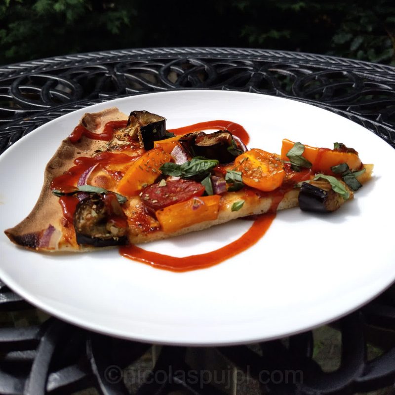 Vegan eggplant bell pepper BBQ pizza (no oil) with Sriracha sauce