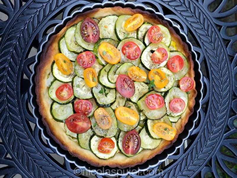Vegan filling of sauteed leeks and baked zucchini for tart