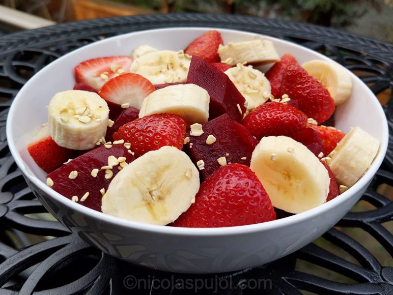 Breakfast for athletes with beets bananas and strawberries