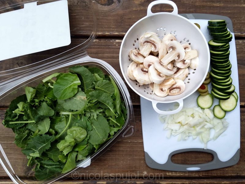 Mushroom zucchini and baby kale pizza ingredients