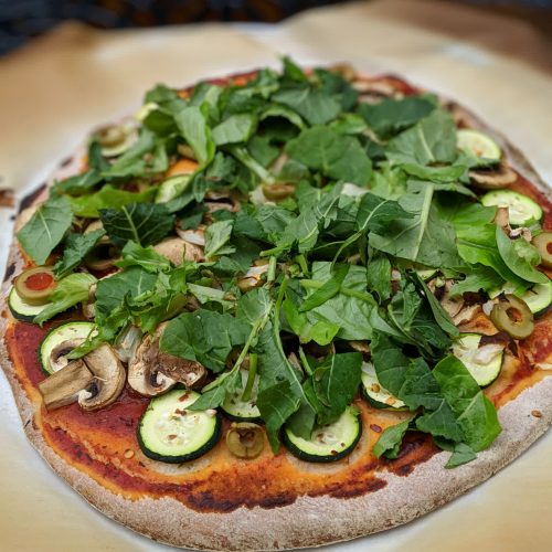 Mushroom zucchini and baby kale vegan pizza (oil-free)