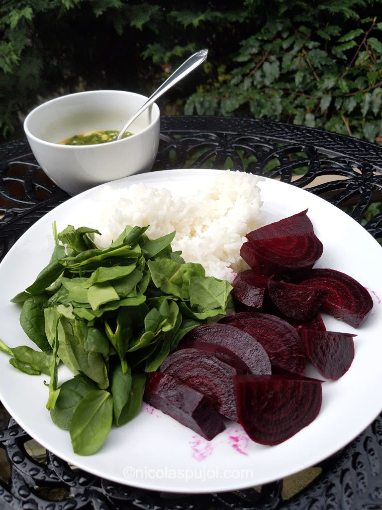 Pre-workout meal with rice, beets and spinach