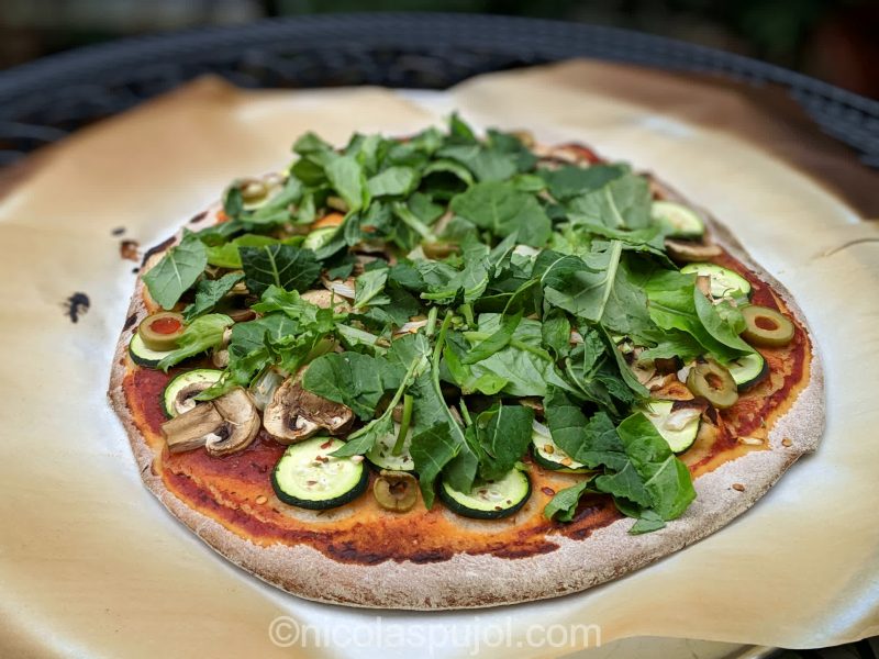 Vegan mushroom zucchini and baby kale vegan pizza