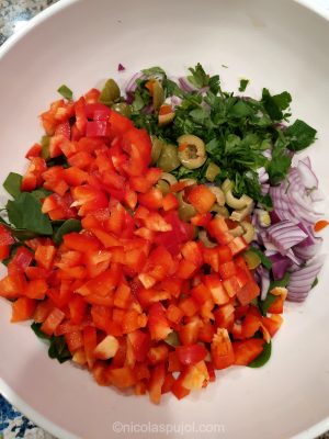 Chop vegetables finely for the green lentil salad