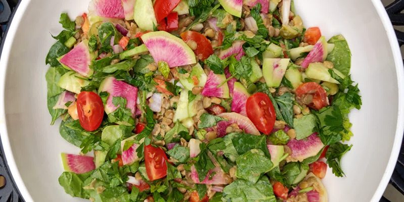 Vegan low fat green lentil salad