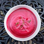 Homemade red beets puree or soup with plant-based ingredients